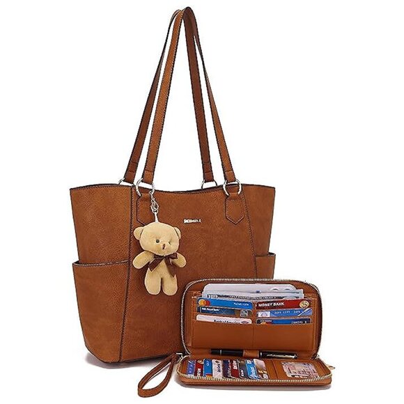 Handbags - Tote Handbags for Women Purse and Wallet Set Large 2pcs/Set Brown